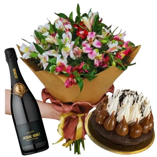 Ramo de astromelias con torta y espumante 